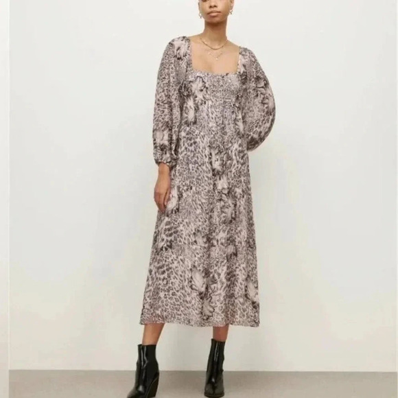 All Saints Amara Laertes Midi Dress Grey Ecru Cheetah 4 NWT Spring Neutral Chic - Picture 1 of 8